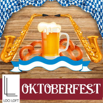 Stilbild für Oktoberfest mit Brezeln, Bier, und zwei Saxophonen